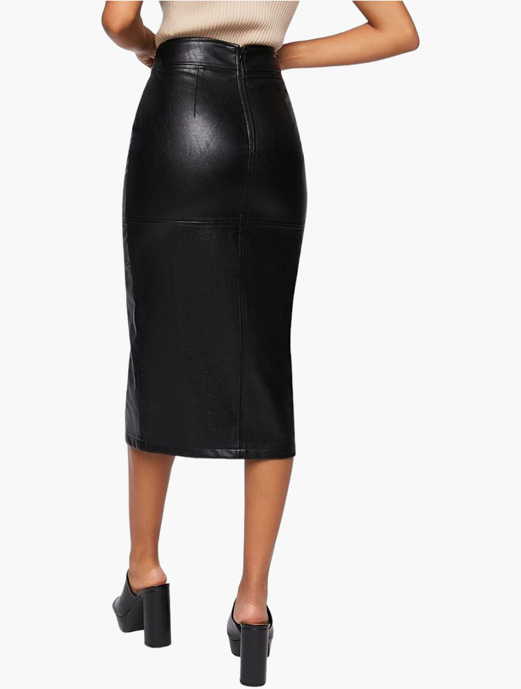MyRunway | Shop Forever 21 Black Faux Leather Midi Pencil Skirt